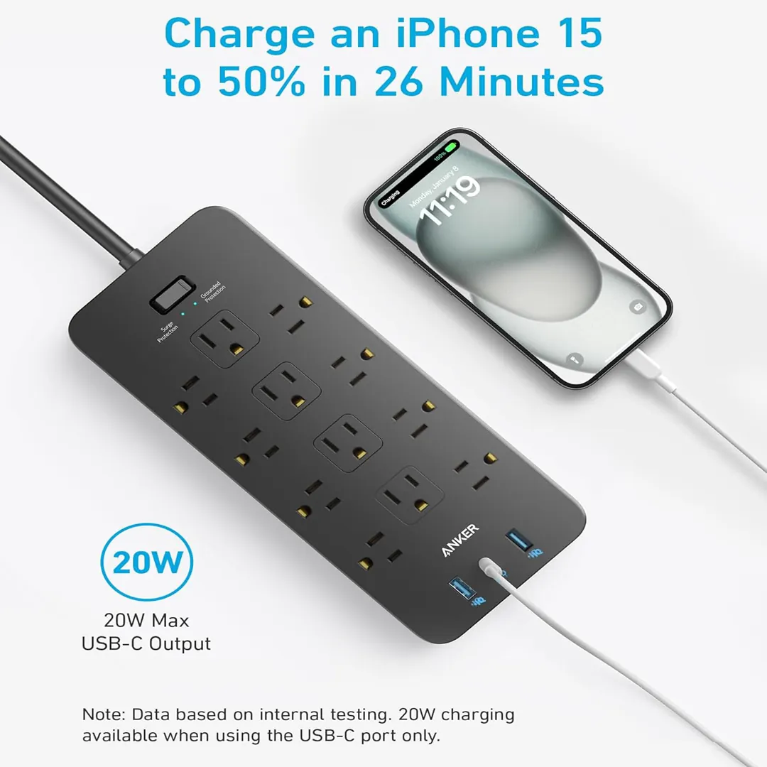 Anker 351 Power Strip Surge Protector with 12 outlets and USB-C charging on a desk