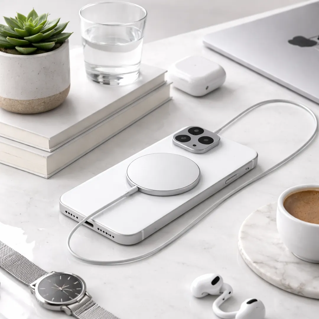 Apple MagSafe Charger magnetic wireless charger for iPhone on a clean premium review page
