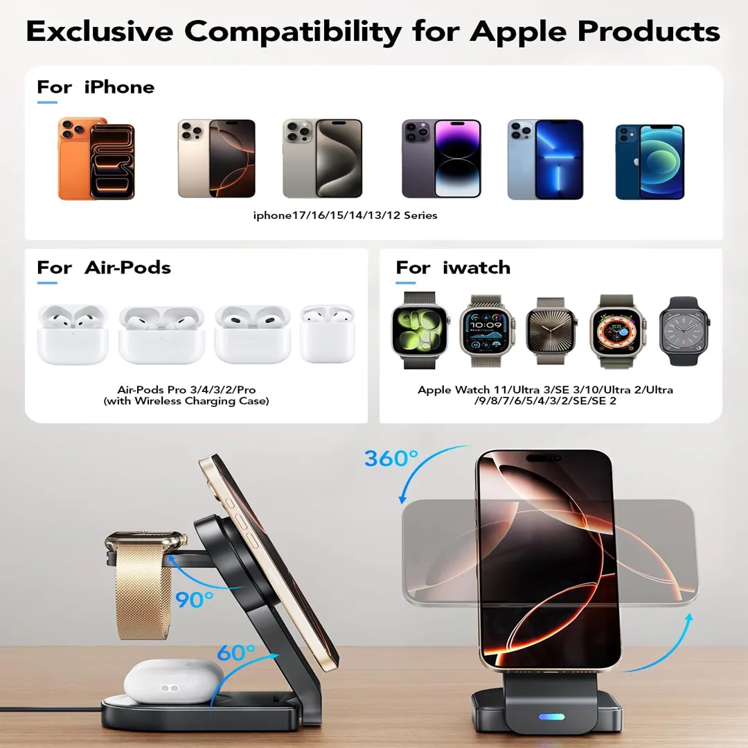 Magnetic foldable wireless charger for Apple black travel charging station