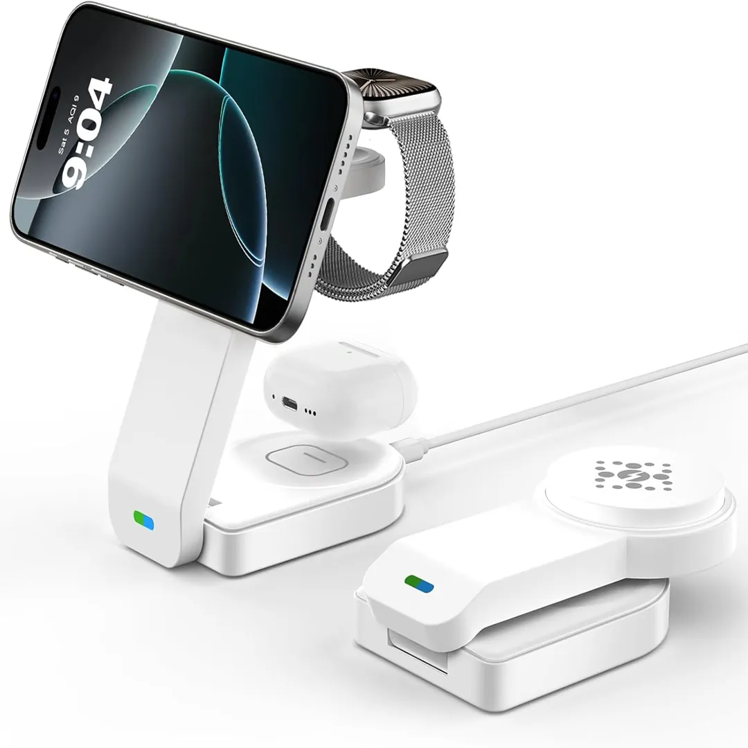 Magnetic foldable wireless charger for Apple white 3 in 1 station