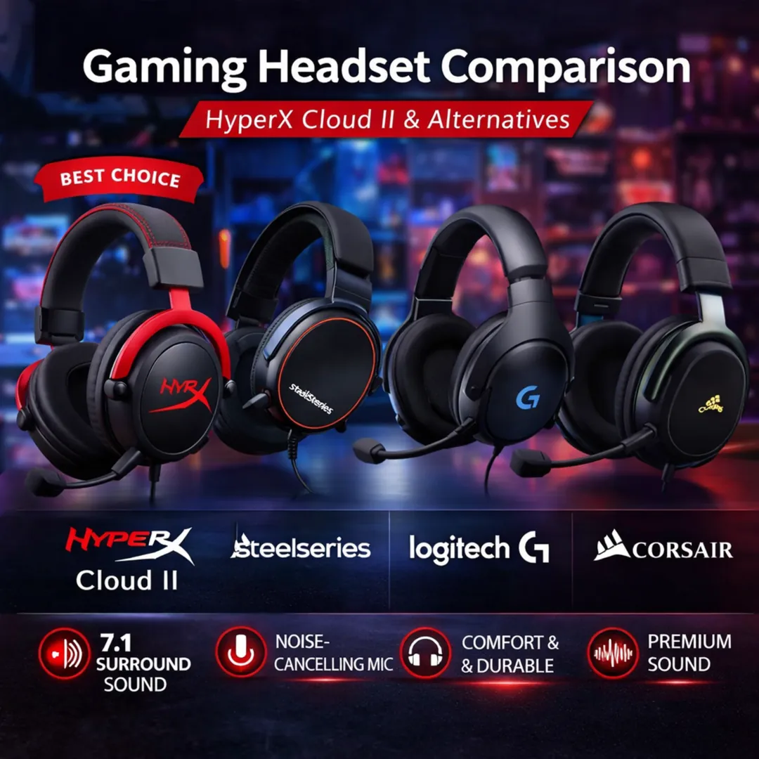 HyperX Cloud II comparison image with gaming headset alternatives