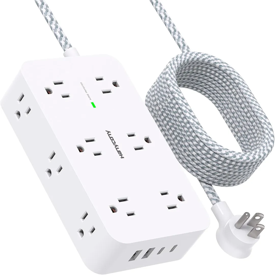 White extension cord power bar with 12 outlets and USB C ports