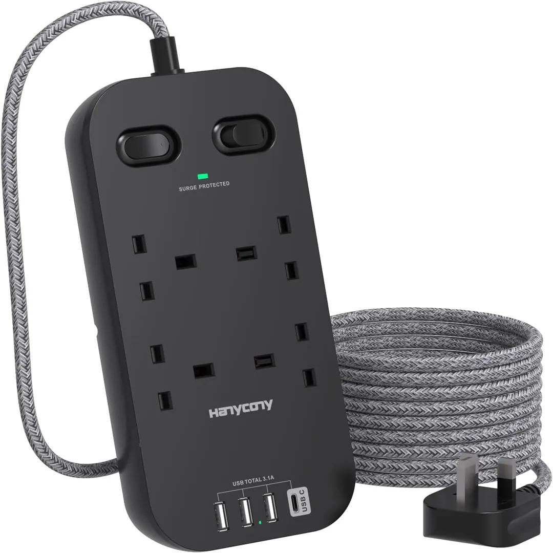 Black extension lead with four way outlets and USB slots product image