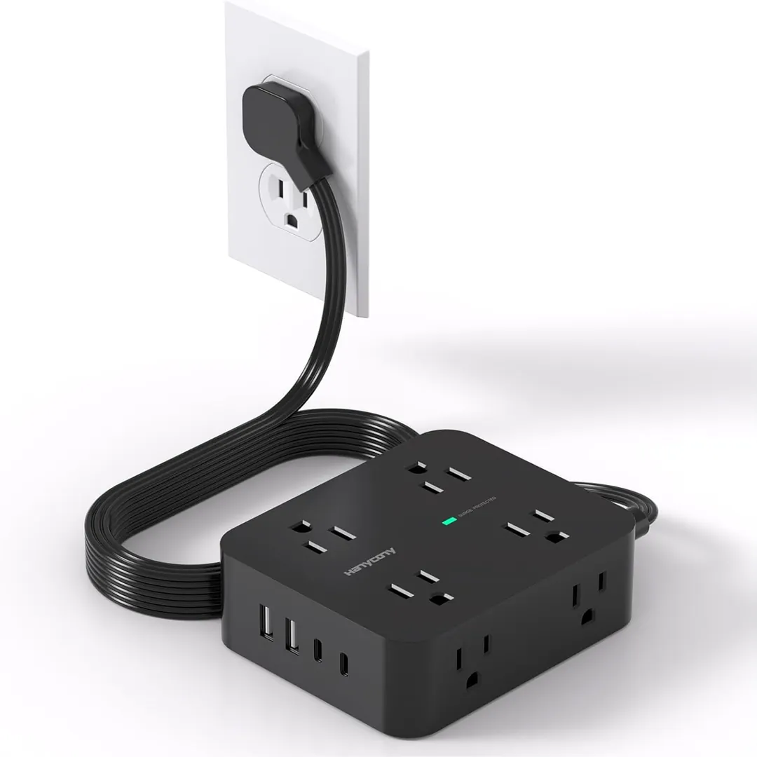 Power bar with flat plug and multiple outlets and USB C ports
