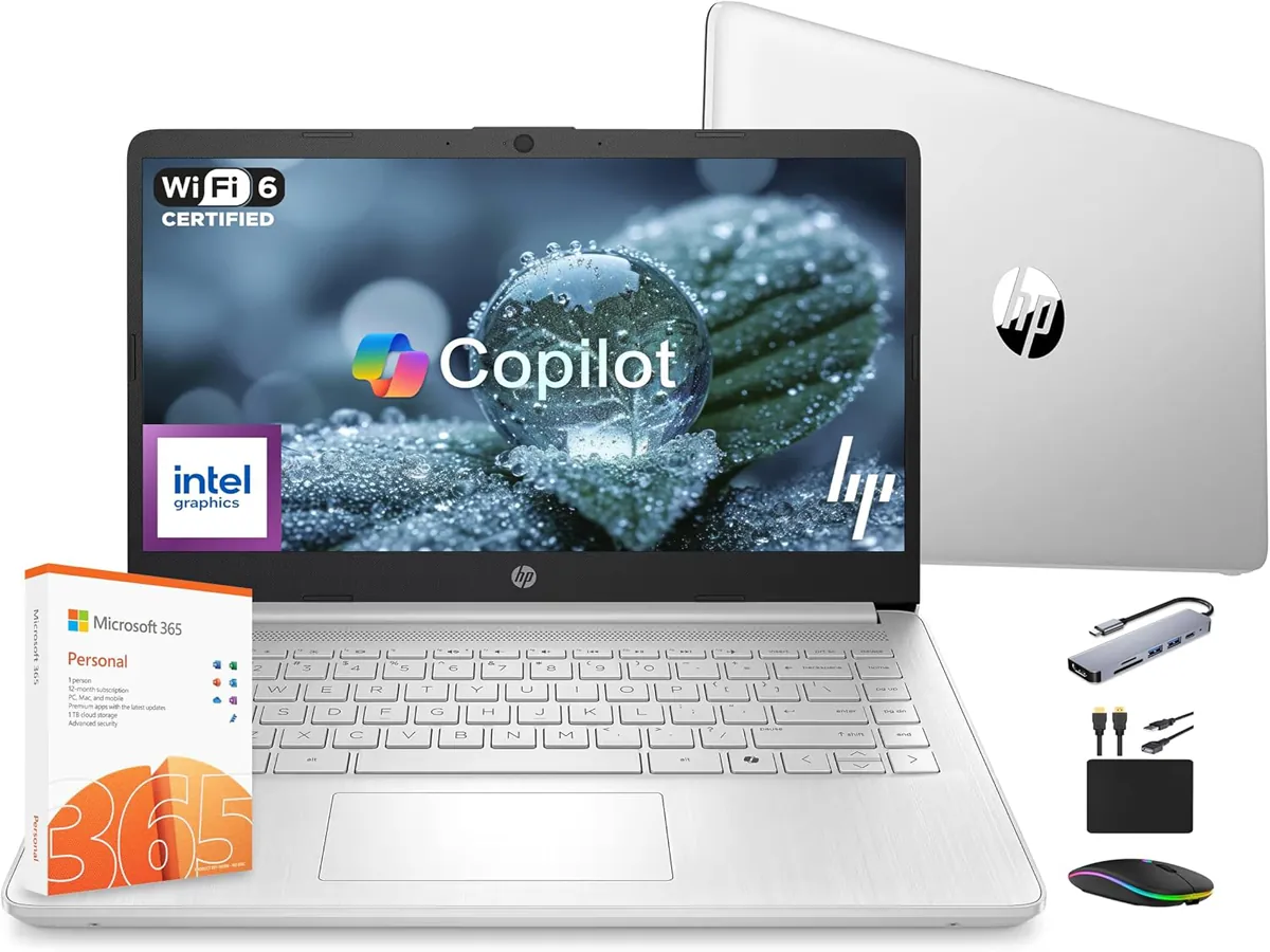 HP 14 2025 laptop on desk with study setup