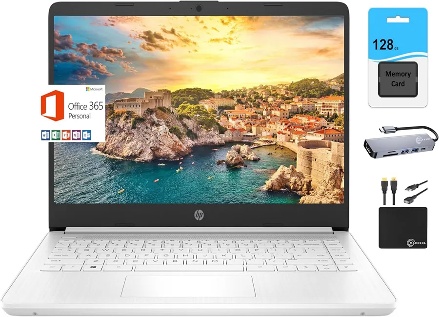HP laptop option in white for student and business use with accessory bundle