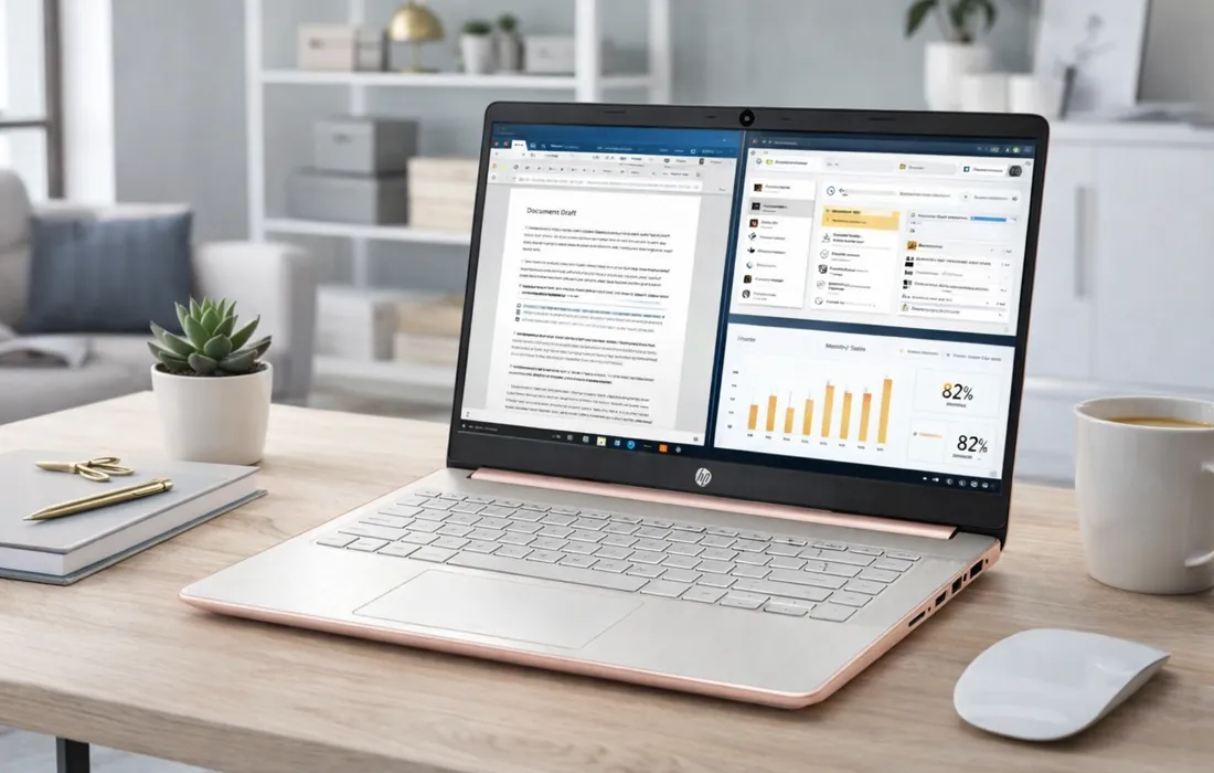 Laptop used for document writing, email management, and web dashboards in a minimal workspace