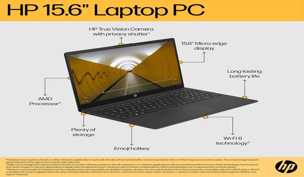 Close-up view of an HP laptop keyboard and trackpad with a clean, modern design