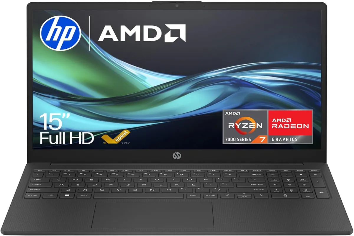 HP Ryzen 7 laptop in black color on a clean desk setup, shown open with Windows interface