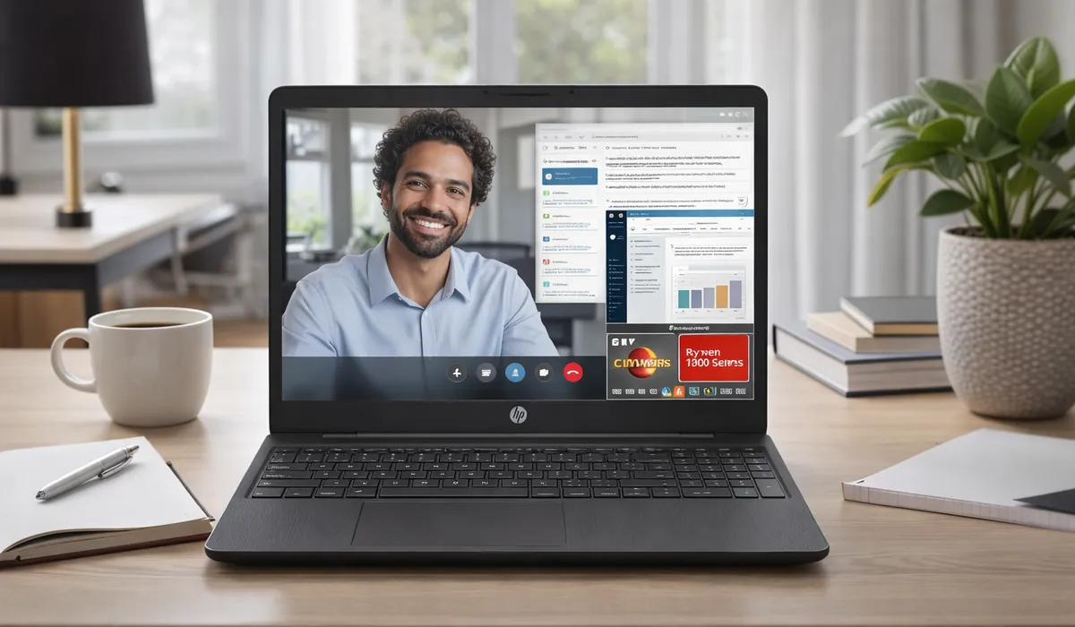 A professional home office scene showing an HP Ryzen 7 laptop used for work tasks and video calling