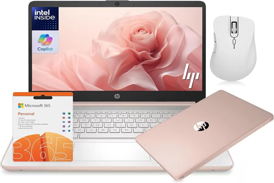 Rose gold HP laptop in a bright study setup