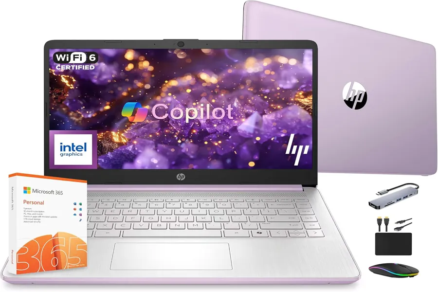 HP laptop in lavender tone on a modern desk setup