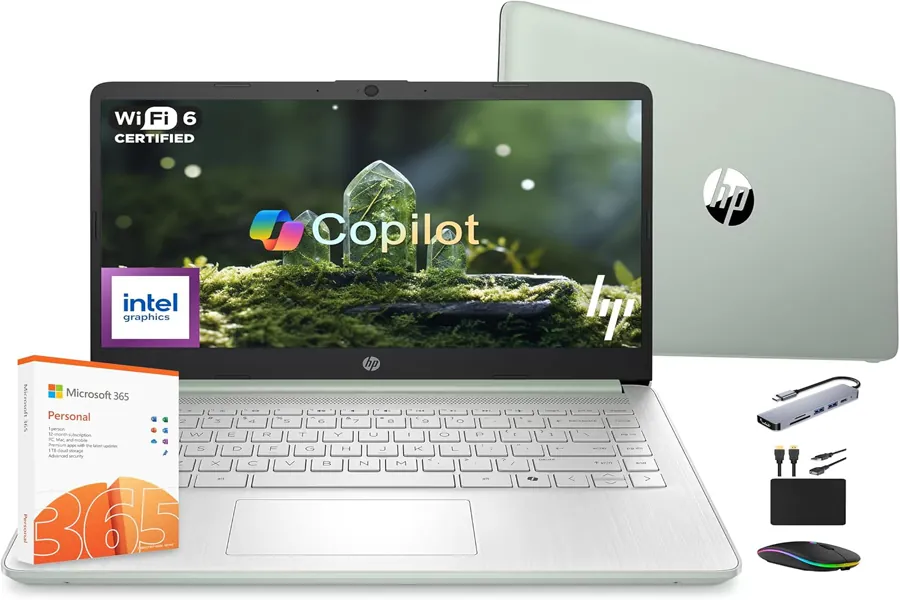 HP laptop in green color on a clean background