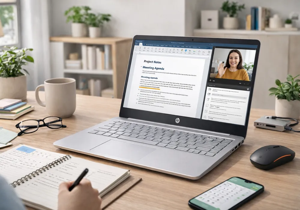 HP laptop used for video call and document editing in a tidy workspace