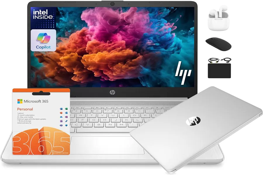 HP laptop in silver color with clean workspace background