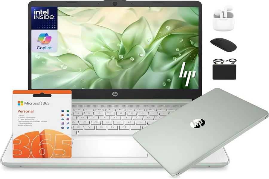 HP laptop in green color on a bright minimal desk