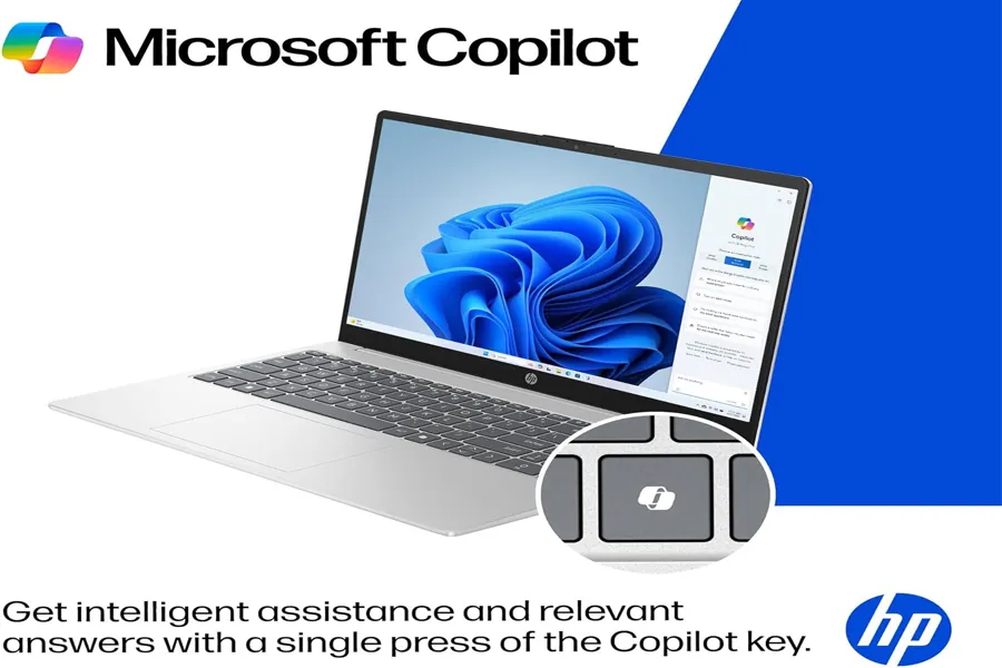 HP laptop in silver color on a clean desk scene