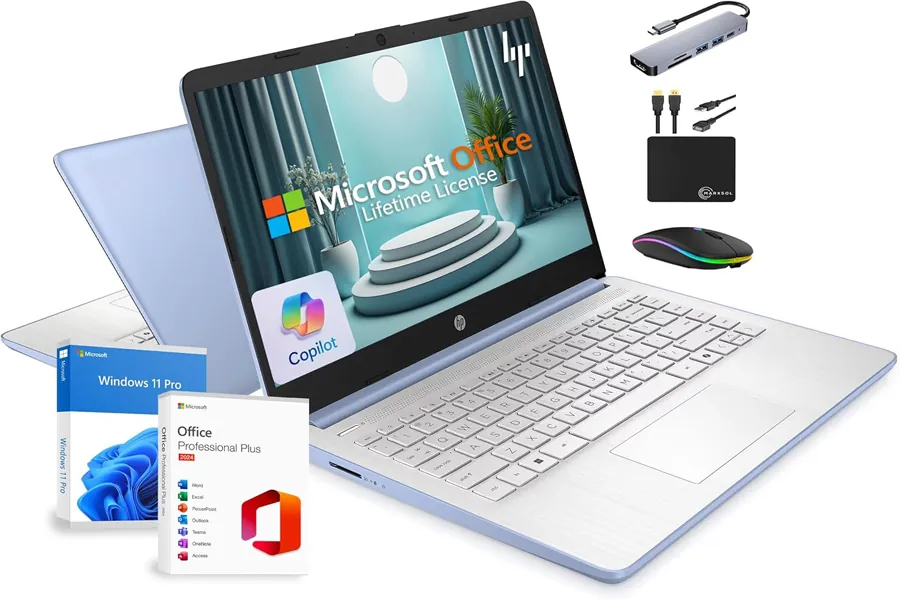 HP laptop in sky blue color on a clean desk