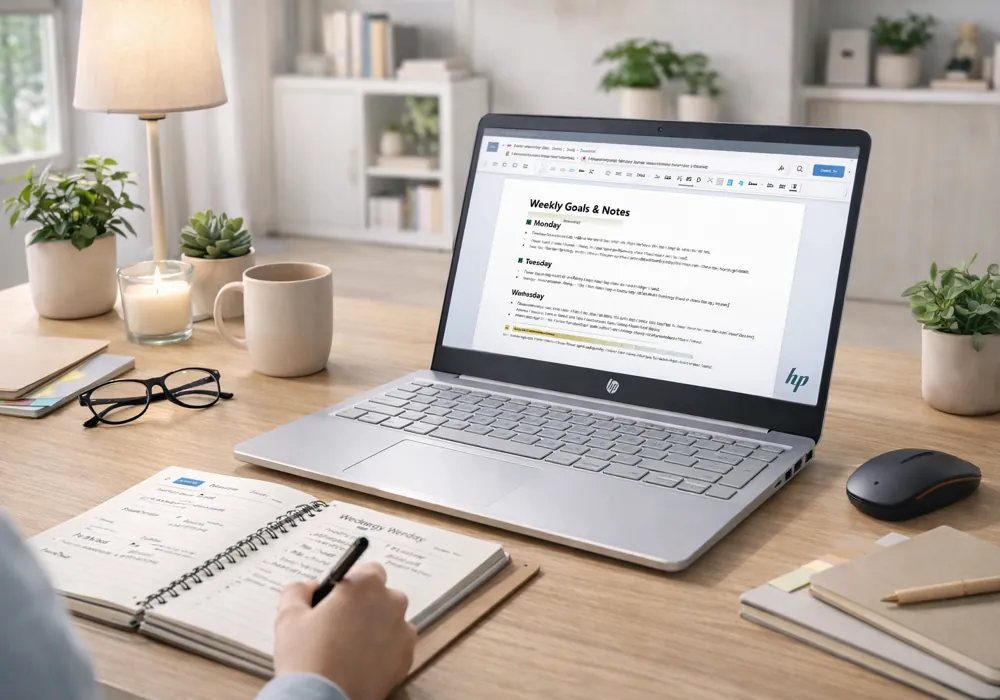 HP laptop used for writing and planning in a calm workspace