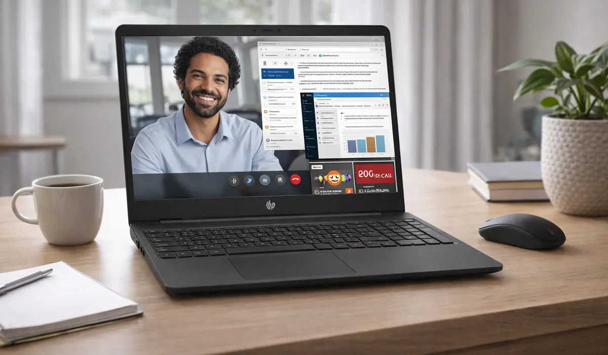 Laptop used with a simple desk setup showing productivity apps and a video call window