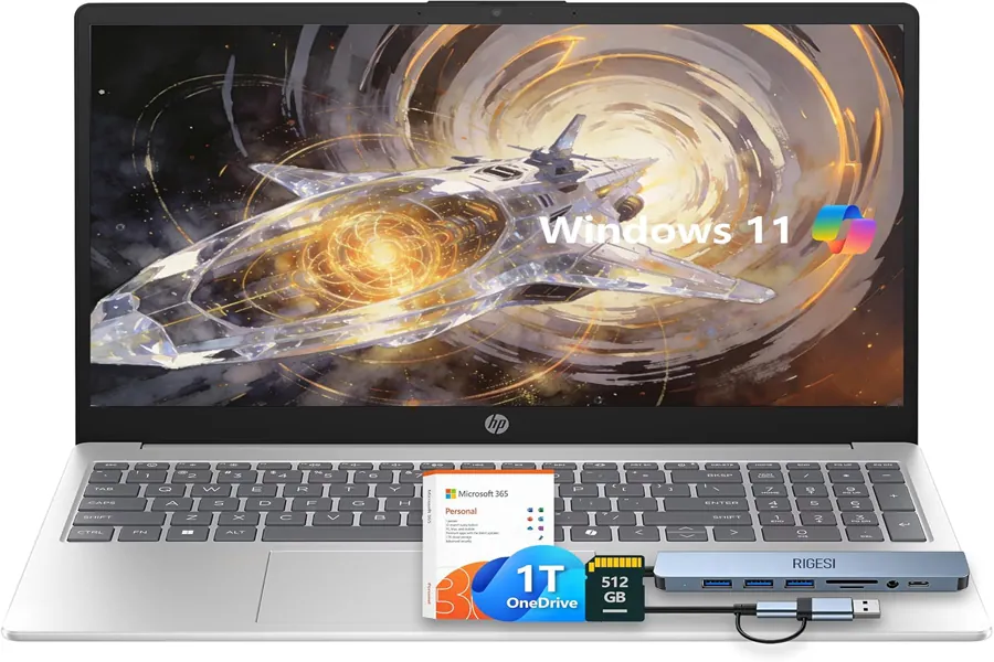 Silver HP laptop used for spreadsheets in a clean workspace