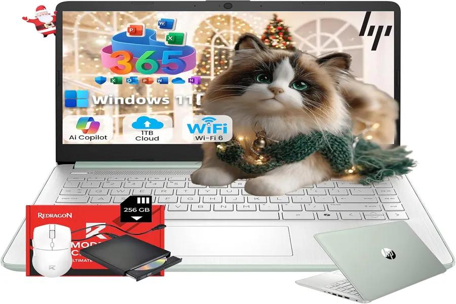 Green HP laptop with office tools on screen in a neat workspace