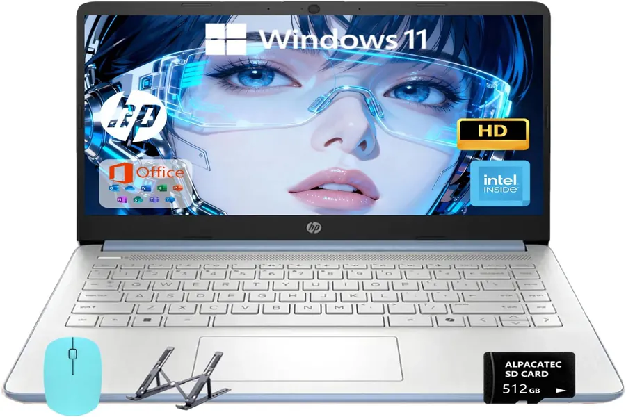 Blue HP laptop on desk with minimal accessories