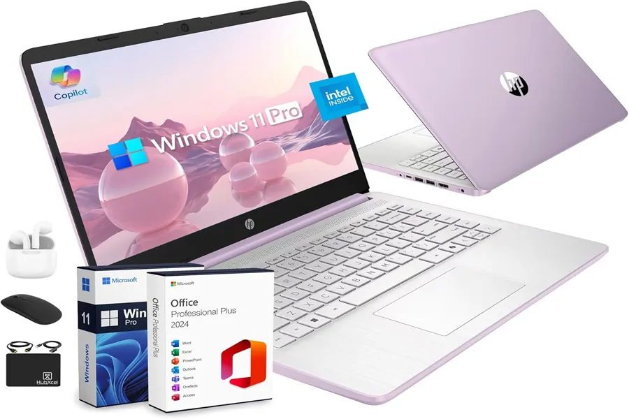 Lavender HP ultrabook on clean desk with notebook