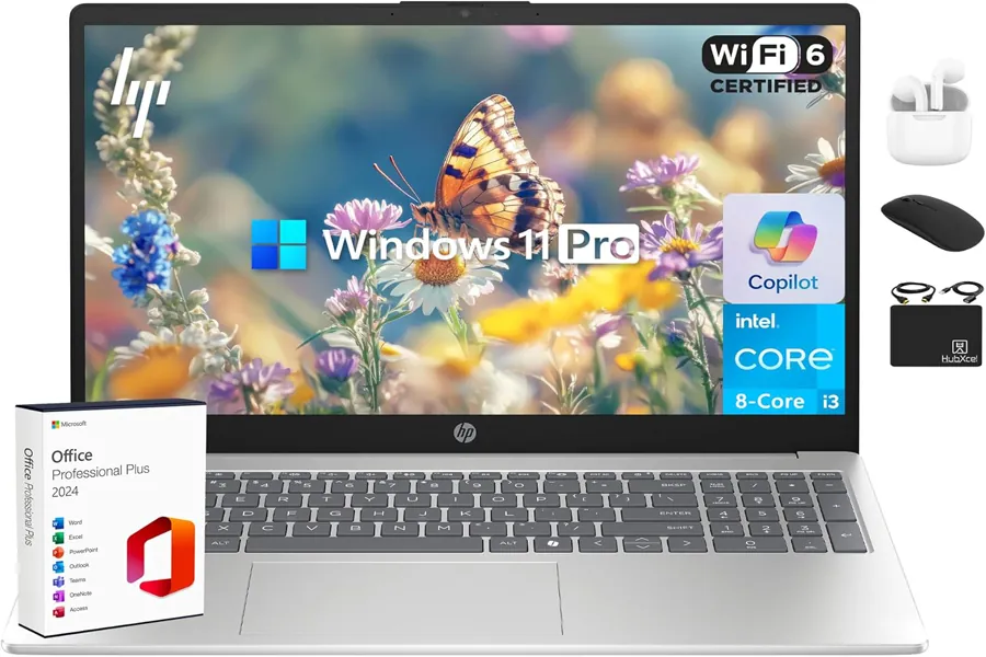 HP laptop on modern desk with productivity accessories