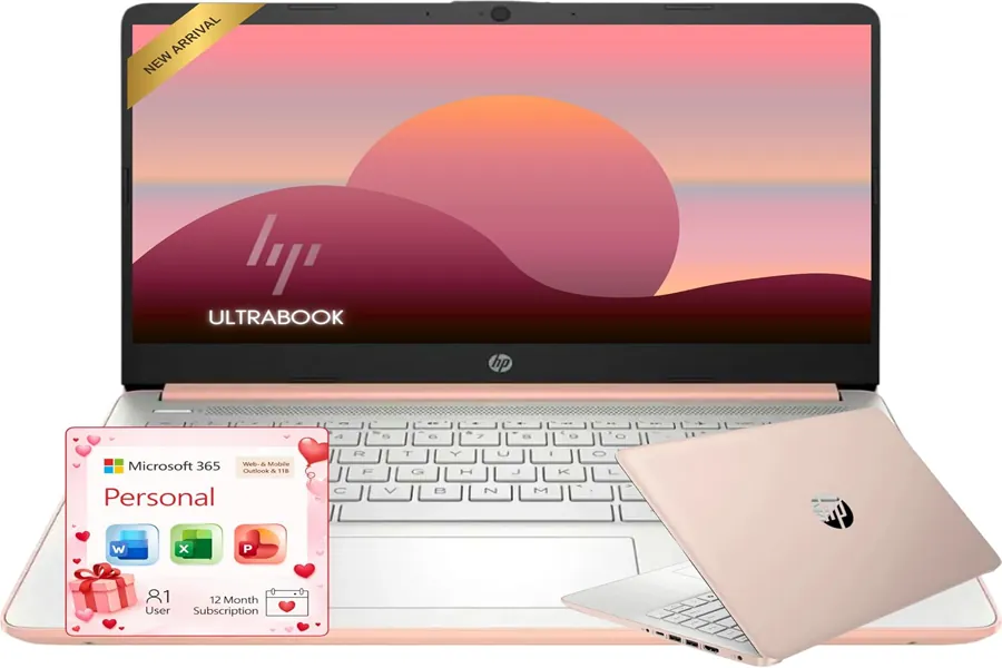 Rose gold HP laptop open on a bright desk