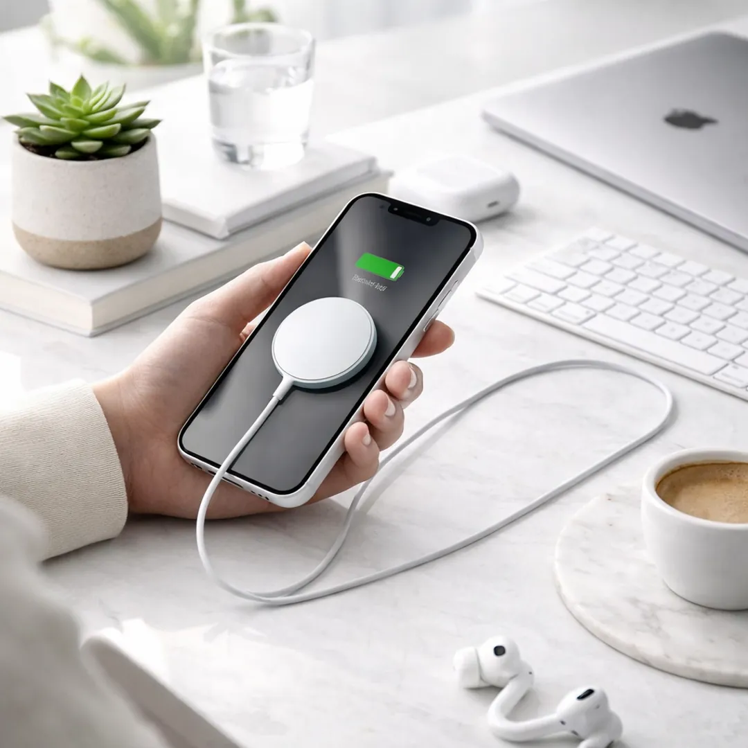 iPhone user charging with Apple MagSafe Charger at desk in a bright workspace