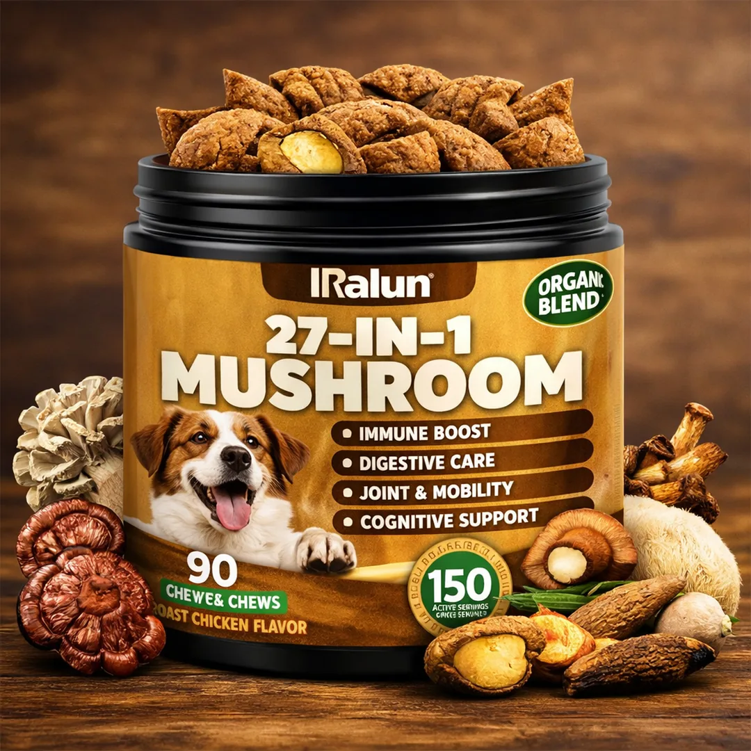 IRALUN Mushroom Supplement for Dogs roast chicken flavored powder jar for immune digestive and daily wellness support
