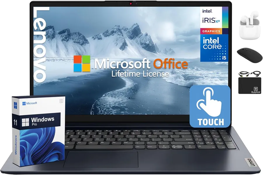 Lenovo laptop on desk with productivity setup