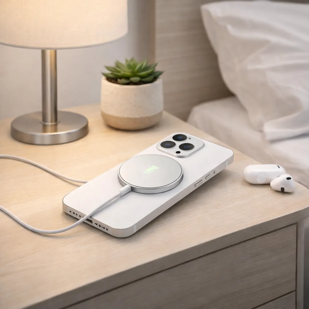 Apple MagSafe Charger in real use on bedside table for magnetic iPhone charging