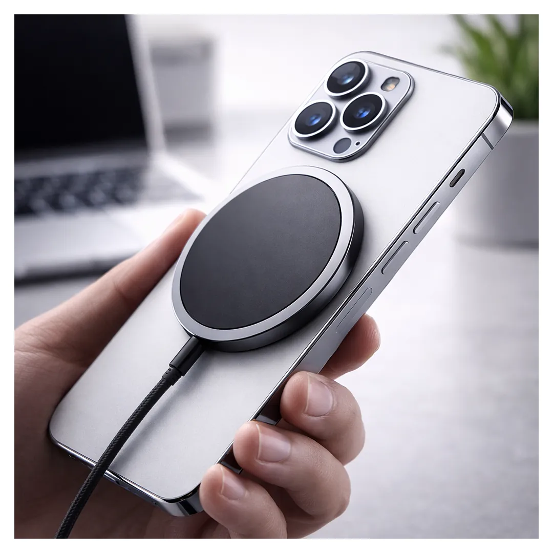JSAUX magnetic charger attached securely to iPhone showing slim magnetic alignment