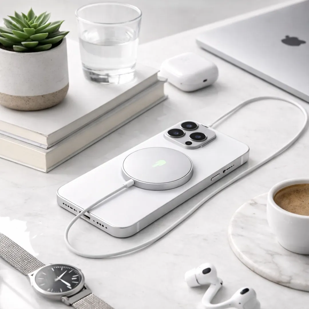 Apple MagSafe Charger attached to iPhone for magnetic wireless charging in a clean desk setup