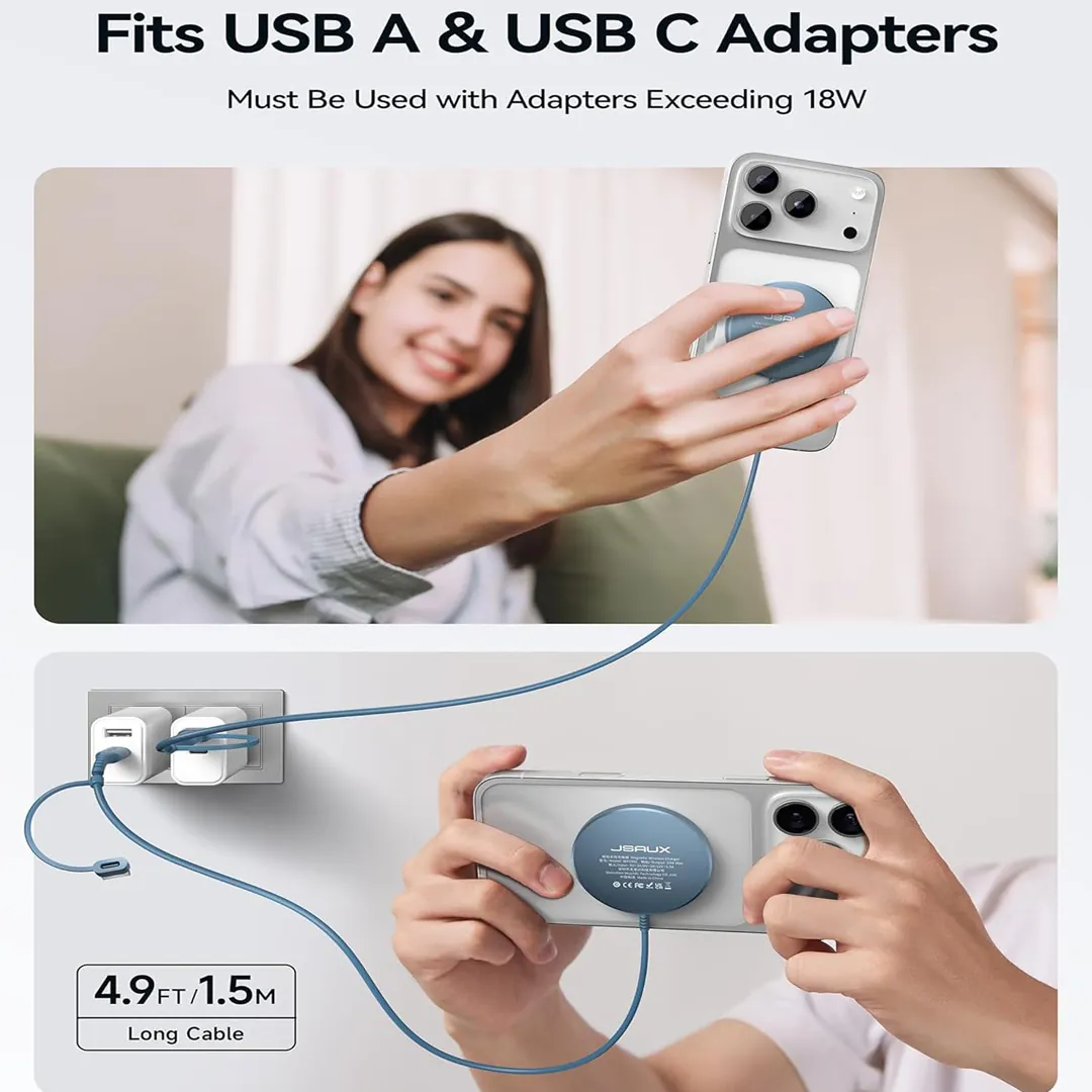 JSAUX magnetic wireless charger on office desk beside smartphone