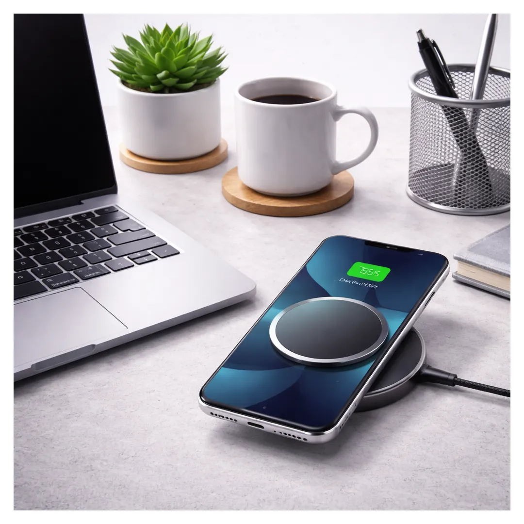 Magnetic wireless charger in office workspace beside laptop for daily iPhone charging