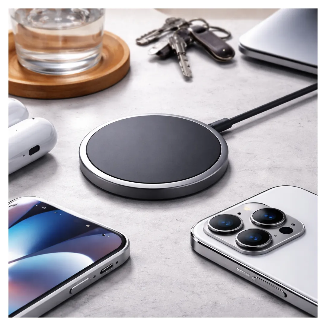 Slim JSAUX magnetic wireless charging pad with USB cable on a clean desk