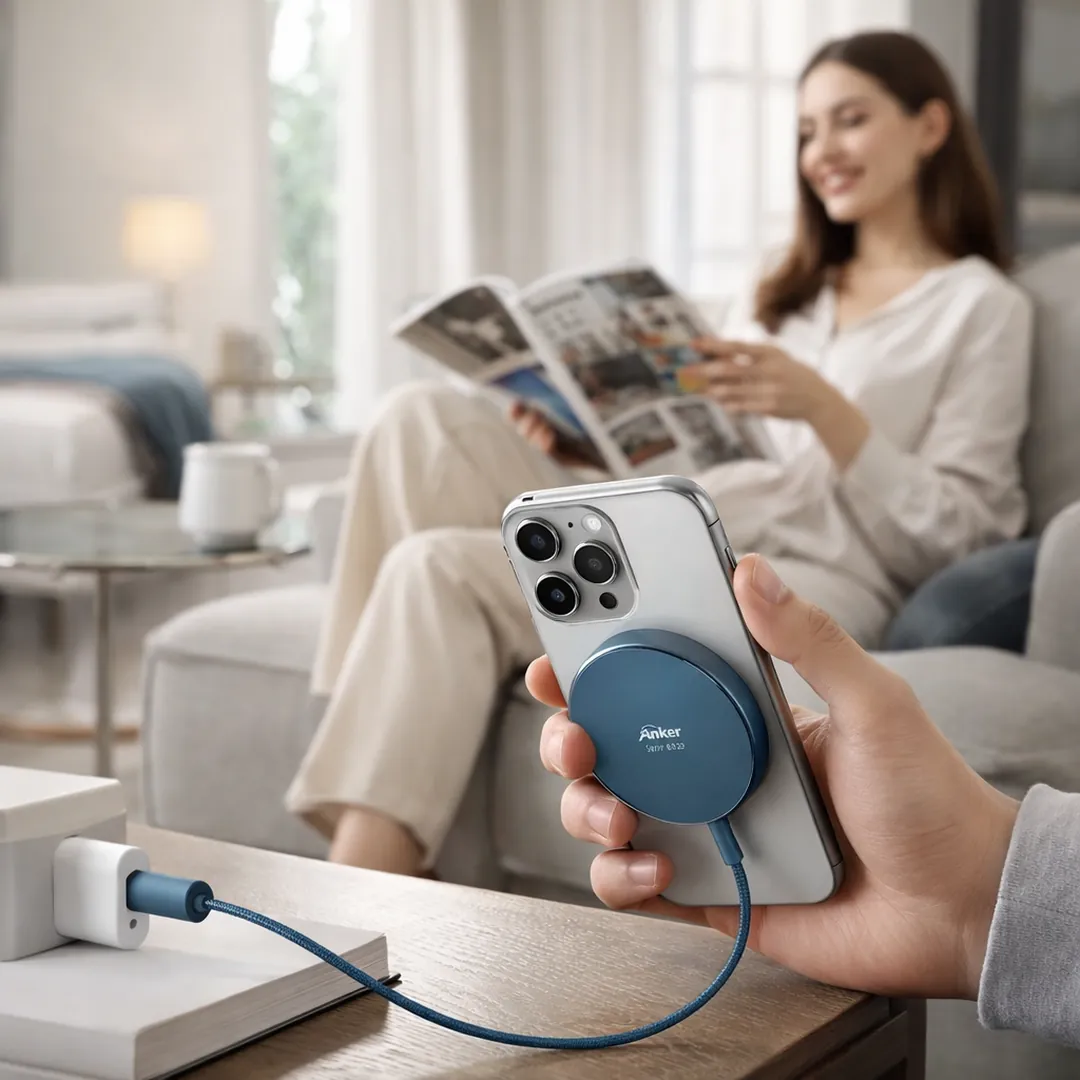 person relaxing while charging phone with a magnetic wireless charger