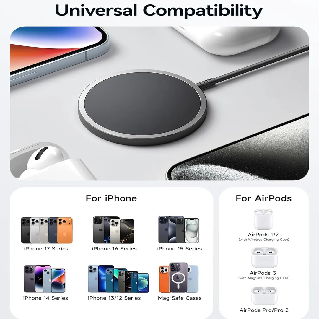 JSAUX magnetic wireless charger attached to iPhone for MagSafe-compatible charging