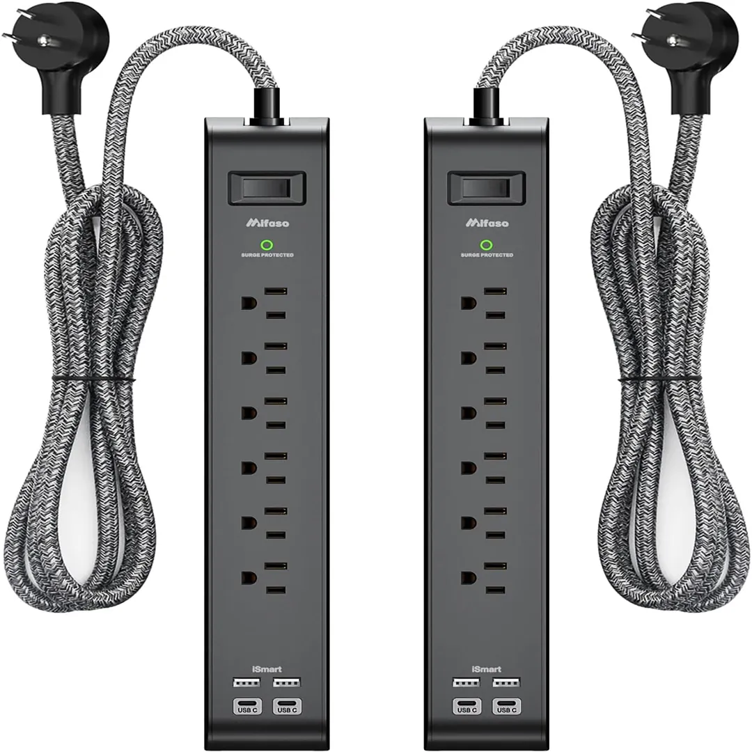 Two pack power bar extension cord with surge protection and USB ports
