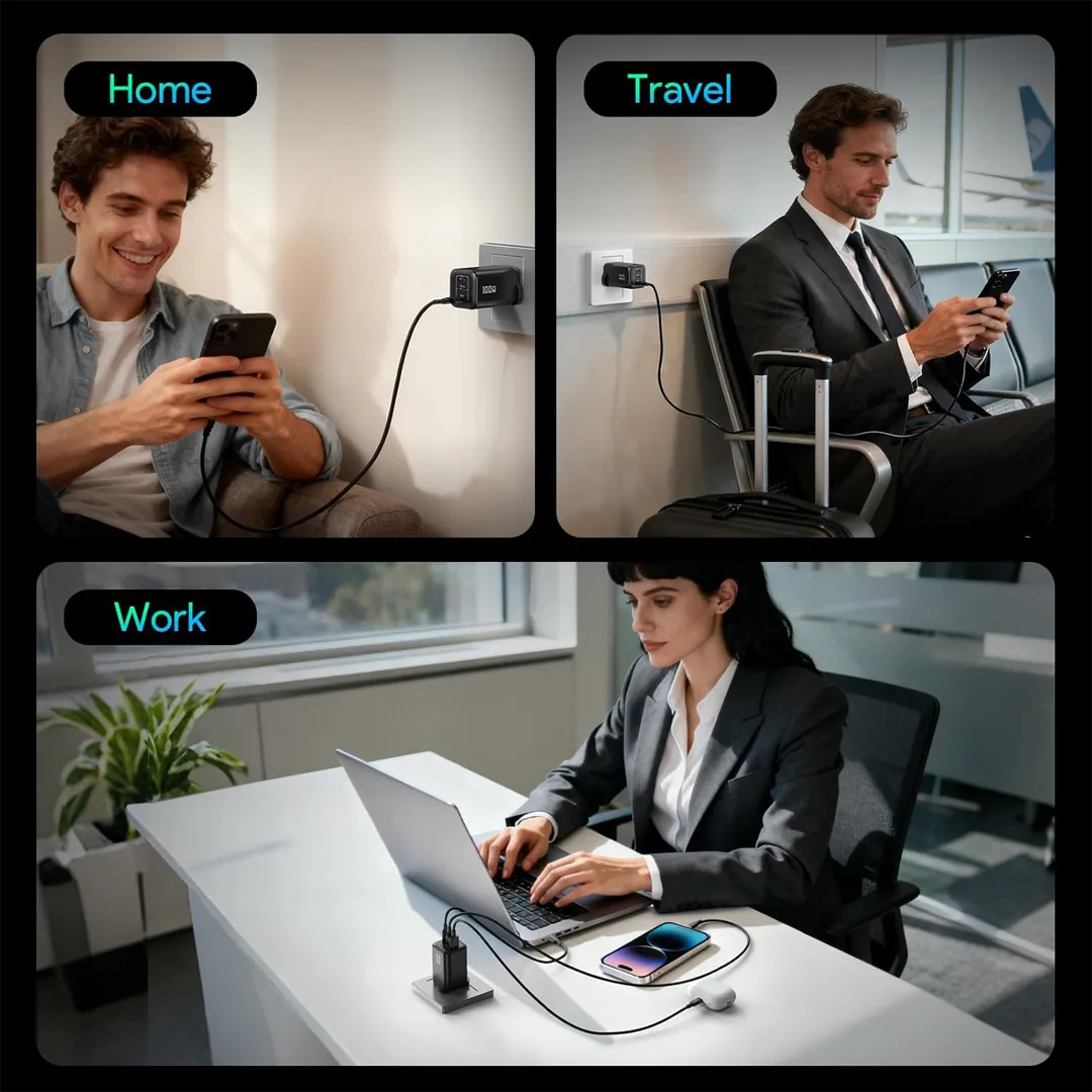 Minthouz charger used beside phone tablet and laptop on desk