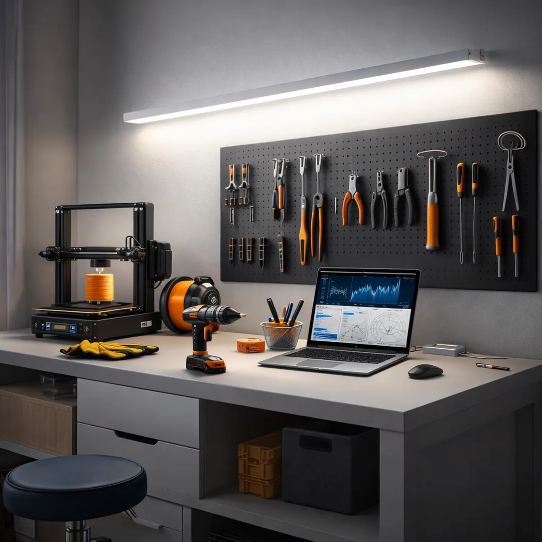 Barrina LED shop light glowing above a clean modern workbench