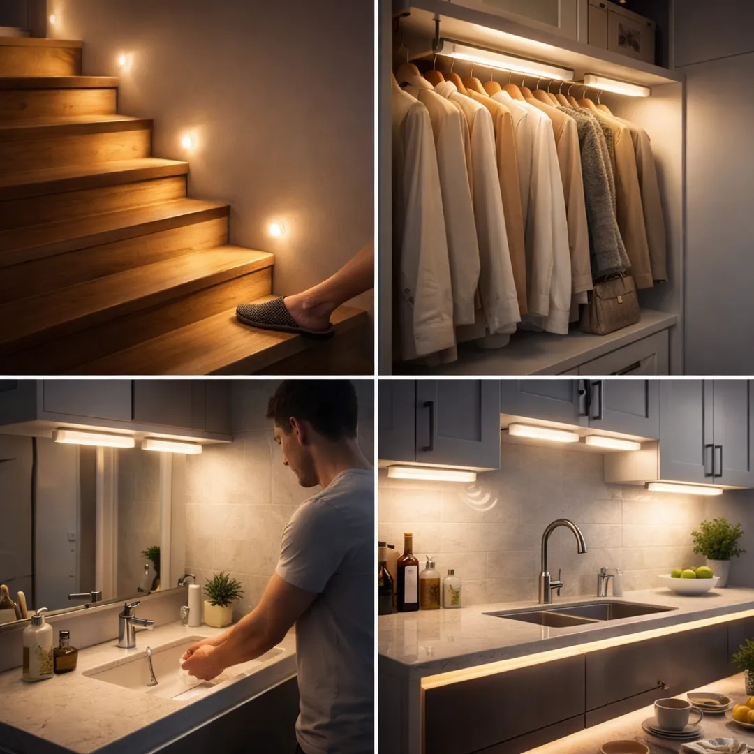 Motion sensor under cabinet lights used in stairs wardrobe bathroom and kitchen use cases