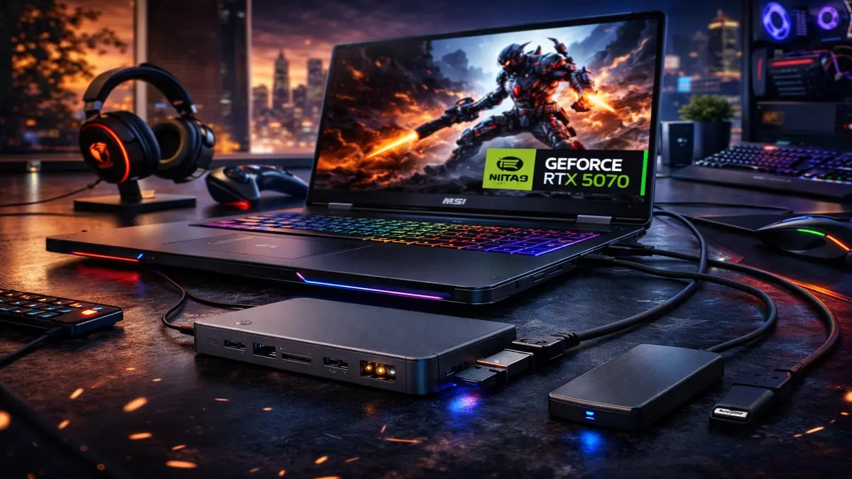 Premium docking setup for MSI Crosshair 18 gaming laptop with cables and peripherals on a modern desk