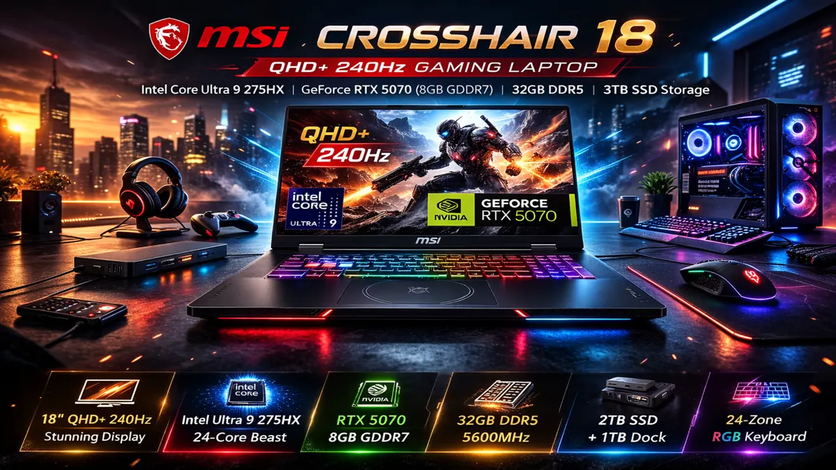 Premium lifestyle setup featuring MSI Crosshair 18 with QHD+ 240Hz display and RTX 5070 branding