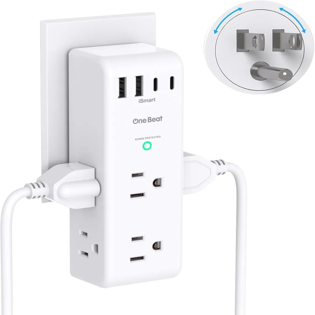 Surge protector outlet extender with rotating plug and USB C ports