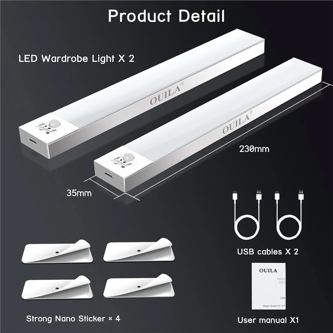 OUILA 36 LED under cabinet lights installed above wardrobe rail with bright 5000K motion sensor illumination