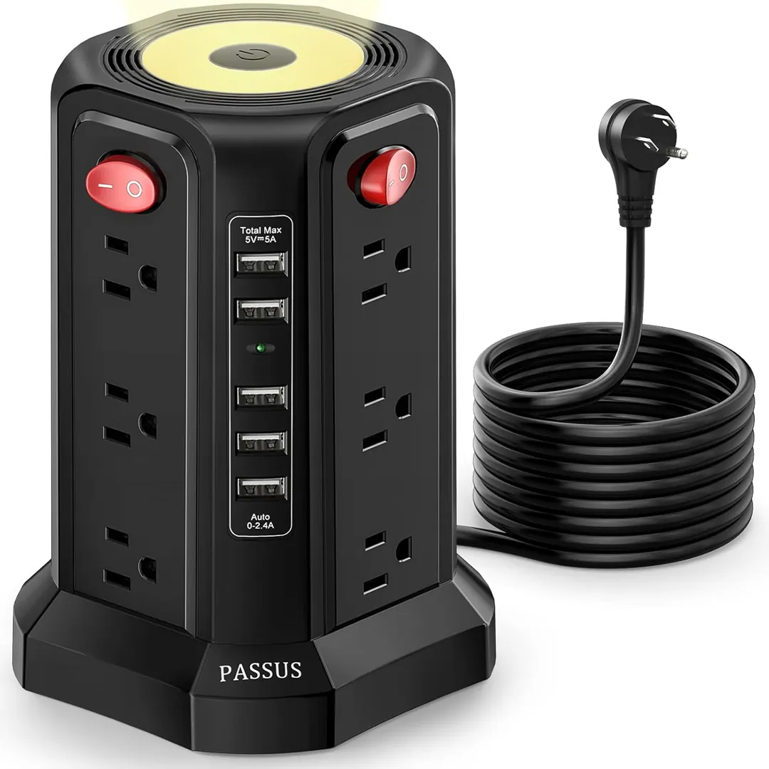 PASSUS tower power bar surge protector with night light and USB ports